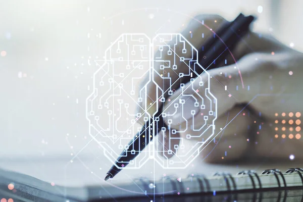 Dubbel exponering av kreativ mänsklig hjärna mikrokrets med kvinna hand skriva i anteckningsblock på bakgrunden. Framtida teknik och AI-koncept — Stockfoto