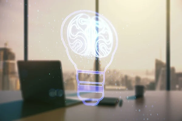 Creative light bulb illustration with human brain and modern desktop with pc on background, future technology concept. Multiexposure