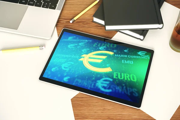 Kreatywne symbole EURO ilustracji na nowoczesnym wyświetlaczu tabletu cyfrowego, forex i koncepcji waluty. Widok góry. Renderowanie 3D — Zdjęcie stockowe