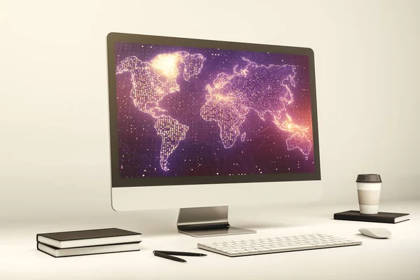 현대 노트북 화면의 노골적 인 창조적 세계 지도, 국제 무역 개념. 3D 렌더링 — 스톡 사진