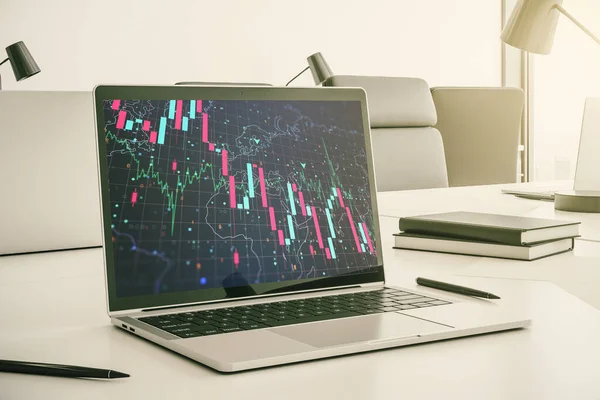 Creative concept of crisis chart illustration on modern laptop screen. Global crisis and bankruptcy concept. 3D Rendering