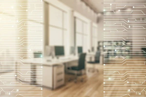 Абстрактная виртуальная микросхема на фоне современного офисного интерьера, технологий будущего и концепции AI. Двойное воздействие — стоковое фото