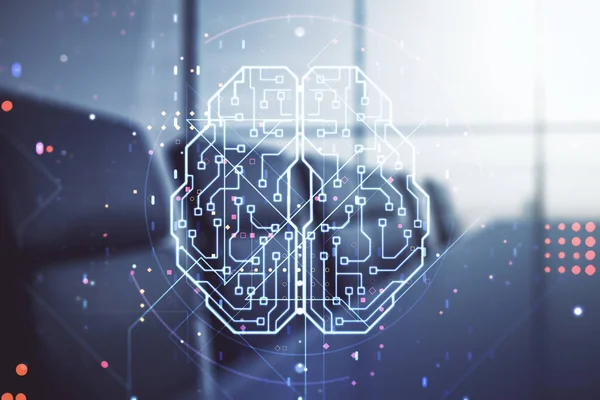 Dubbel exponering av kreativ mänsklig hjärna mikrokrets hologram på en modern styrelserum bakgrund. Framtida teknik och AI-koncept — Stockfoto