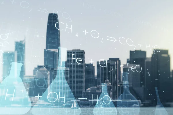 Abstract virtual creative chemistry hologram on San Francisco skyline background. Multiexposure