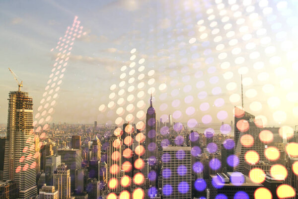 Virtual upward arrows hologram on New York cityscape background, leadership and motivation concept. Multiexposure