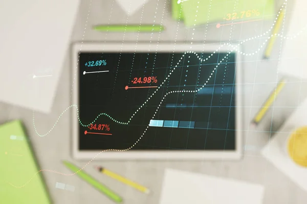 Multi exposure of stats data illustration and modern digital tablet on background, top view, computing and analytics concept