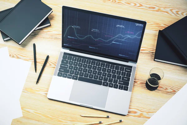 Modern computer display with abstract graphic data spreadsheet sketch, analytics and analysis concept. 3D Rendering