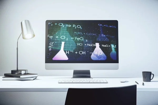 Monitor de computadora moderno con concepto de química creativa, concepto de investigación y desarrollo. Renderizado 3D — Foto de Stock