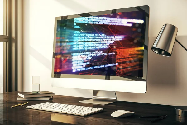 Moderna pantalla de computadora con holograma de lenguaje de programación abstracto, inteligencia artificial y concepto de aprendizaje automático. Renderizado 3D —  Fotos de Stock