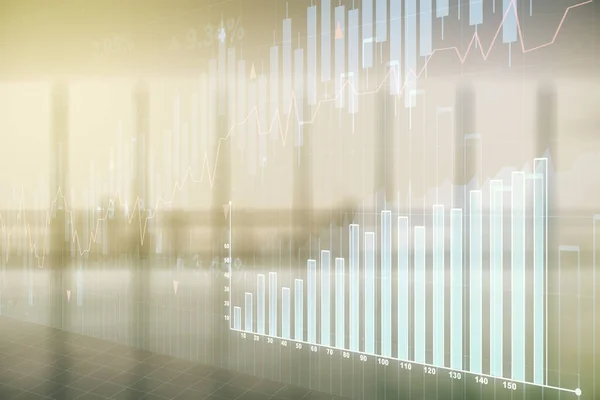 Multiexposure van abstract virtueel financieel grafiekhologram op lege bedrijfskantoren, forex en investeringsconcept — Stockfoto