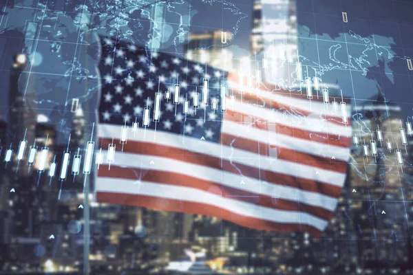 Wielokrotne narażenie wirtualnego kreatywnego wykresu finansowego i mapy świata na flagę USA i zamazane tło krajobrazu miejskiego, koncepcja forex i inwestycji — Zdjęcie stockowe