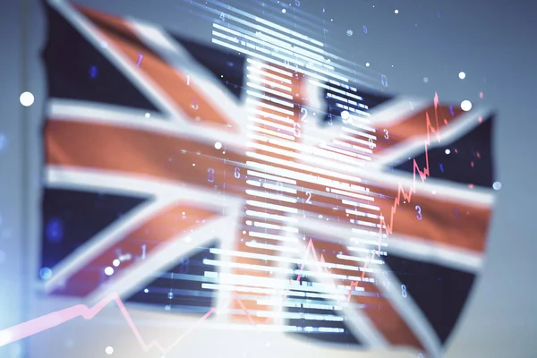 Virtual Bitcoin esboço na bandeira britânica e pôr do sol céu fundo. Dupla exposição — Fotografia de Stock