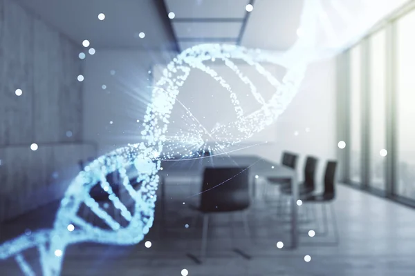Віртуальна ілюстрація символів ДНК на сучасному фоні конференц-залу. Дослідницька концепція генома. Багатоцільовий — стокове фото
