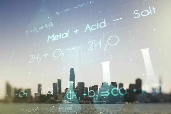 Holograma de química creativa en los edificios de oficinas de San Francisco, concepto de investigación farmacéutica. Multiexposición — Foto de Stock