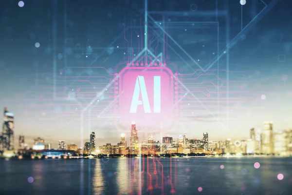 Hologramme de symbole d'intelligence artificielle créative sur fond de paysage urbain de Chicago. Double exposition — Photo