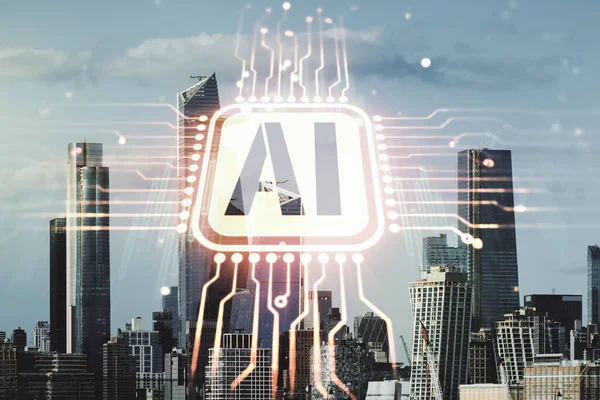 Hologramme abstrait de symbole d'intelligence artificielle virtuelle sur fond de skyline de New York. Multiexposition — Photo