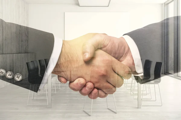 Handshake of two businessmen on boardroom interior background, deal and trading concept. Multiexposure — Stock Photo, Image