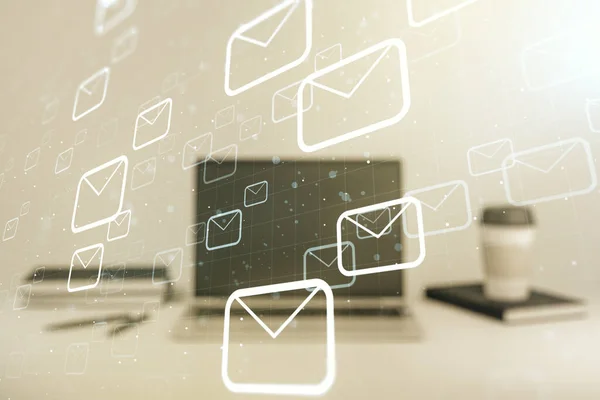 Dubbele blootstelling van postenveloppen hologram op laptop achtergrond. Concept e-mail en spam — Stockfoto