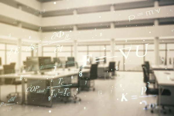 Abstraktes wissenschaftliches Formel-Hologramm auf einem modern eingerichteten Bürohintergrund. Mehrfachexposition — Stockfoto