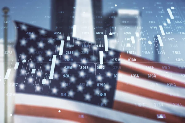 Multi esposizione di statistiche illustrazione dei dati sulla bandiera degli Stati Uniti e sfondo paesaggio urbano sfocato, calcolo e concetto di analisi — Foto Stock