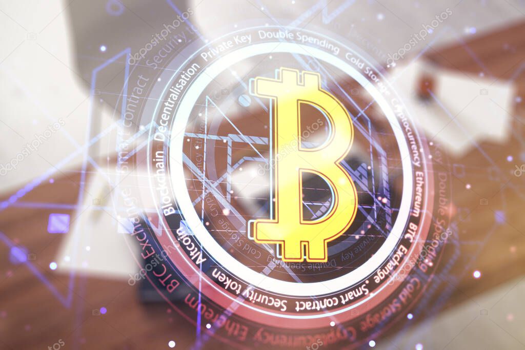 Creative Bitcoin concept and modern desktop with pc on background. Double exposure