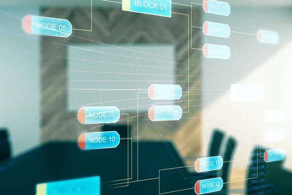 Multi exposure of abstract software development hologram on a modern meeting room background, research and analytics concept