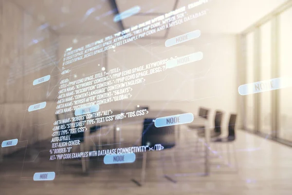 Двойная экспозиция языкового интерфейса программирования на фоне современного конференц-зала, концепции исследований и разработок — стоковое фото