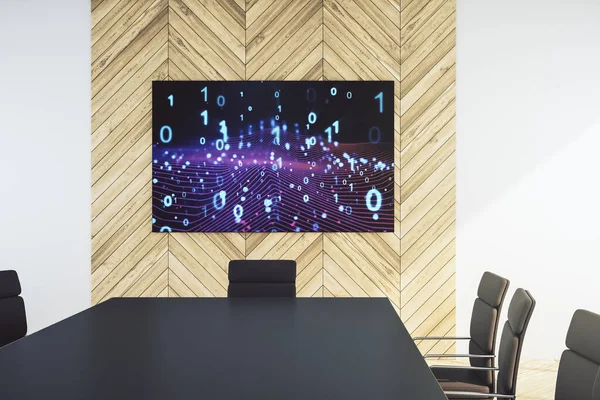 Kreatywny abstrakcyjny hologram kodu binarnego na ekranie telewizora w nowoczesnym pokoju prezentacji, sztucznej inteligencji i koncepcji uczenia maszynowego. Renderowanie 3D — Zdjęcie stockowe