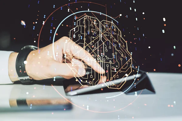 Double exposure of creative artificial Intelligence symbol with finger clicks on a digital tablet on background. Neural networks and machine learning concept — Stock Photo, Image