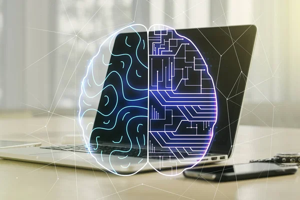 Kreatywna koncepcja sztucznej inteligencji z ludzkim szkicem mózgu na współczesnym tle komputera. Podwójna ekspozycja — Zdjęcie stockowe