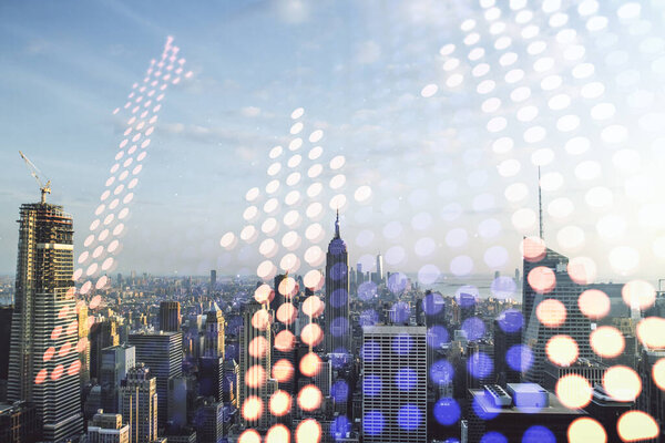 Virtual upward arrows illustration on New York city skyline background. Breakthrough and progress concept. Multiexposure