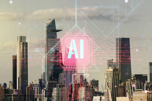 Creative artificial Intelligence symbol hologram on New York cityscape background. Double exposure — Stock Photo, Image