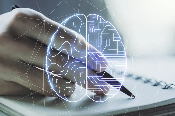 Dubbel exponering av kreativ artificiell intelligens symbol med man hand skriva i anteckningsbok på bakgrunden. Neurala nätverk och maskininlärningskoncept — Stockfoto