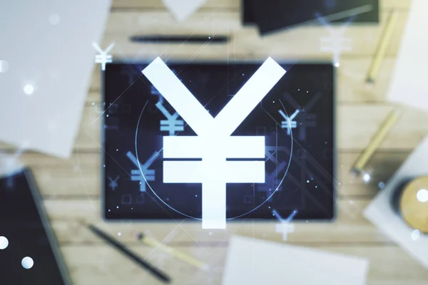 Kreatives Konzept der japanischen Yen-Symbolillustration und moderner digitaler Tablette im Hintergrund, Draufsicht. Handels- und Währungskonzept. Mehrfachexposition — Stockfoto