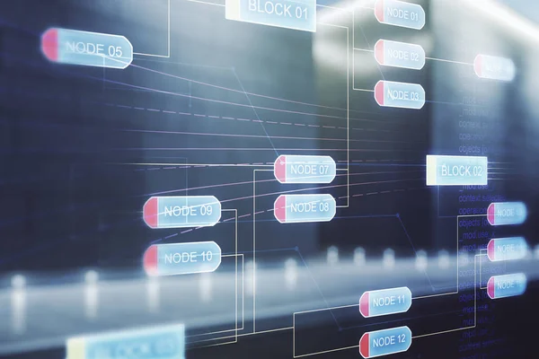 Exposición múltiple del holograma abstracto del desarrollo del software en fondo exterior moderno del centro de negocios, concepto de la investigación y del análisis —  Fotos de Stock