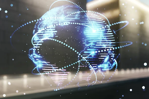 Abstract grafisch digitaal wereldkaart hologram met verbindingen op wazige hedendaagse kantoorachtergrond, globaliseringsconcept. Meervoudige blootstelling — Stockfoto