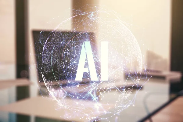 Kreativ artificiell intelligens symbol koncept med modern dator på bakgrunden. Dubbel exponering — Stockfoto