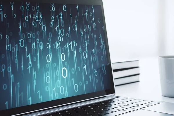 Creative concept of binary code illustration on modern laptop screen. Big data and coding concept. 3D Rendering