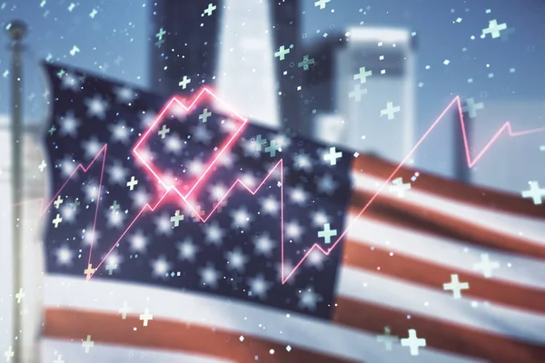 Abstraktní virtuální srdeční hologram na pozadí americké vlajky a panoramatu, koncept online lékařského poradenství. Multiexpozice — Stock fotografie