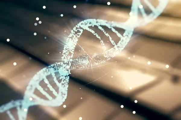 Bulanık metal arka planda DNA hologramına çifte maruz kalma. Biyoloji Mühendisliği ve DNA Araştırma Konsepti — Stok fotoğraf
