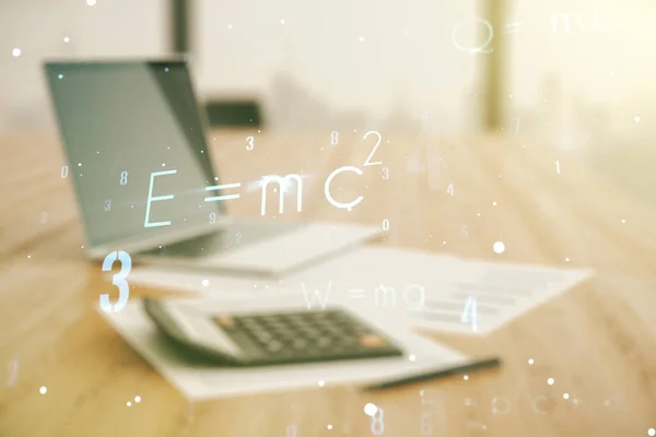 Double exposure of scientific formula hologram on blurry calculator with laptop background, research and development concept — Stock Photo, Image