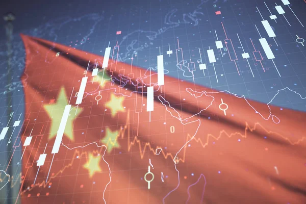 Exposición múltiple del diagrama financiero abstracto y el mapa mundial en la bandera de China y el fondo del cielo azul, la banca y el concepto de contabilidad — Foto de Stock