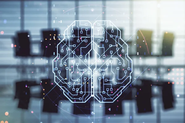 Віртуальна творча голограма штучного інтелекту з ескізом людського мозку на сучасному фоні конференц-залу. Багатоцільовий — стокове фото