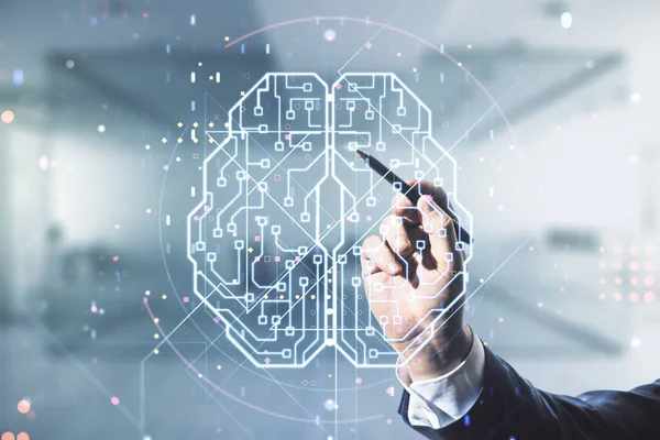 Double exposure of man hand with pen working with creative artificial Intelligence interface on blurred office background. Neural networks and machine learning concept — Stock Photo, Image