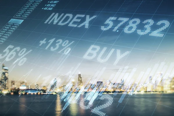 Dubbel exponering av virtuella kreativa finansiella diagram på Chicago kontorsbyggnader bakgrund, bank-och redovisningskoncept — Stockfoto