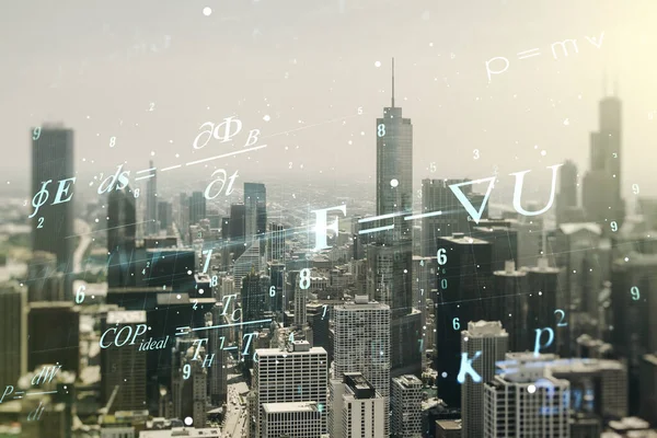 과학 공식 설명 (Scientific formula illustration on Chicago cityscape background), 과학 및 연구 개념. 과잉 노출 — 스톡 사진