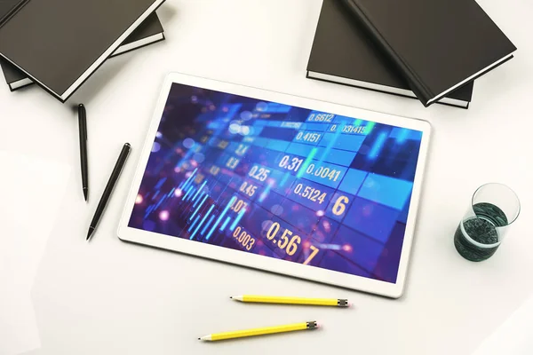 Σύγχρονη ψηφιακή οθόνη tablet με αφηρημένο οικονομικό διάγραμμα, τραπεζική και λογιστική έννοια. Στο πάνω μέρος. 3D απόδοση — Φωτογραφία Αρχείου