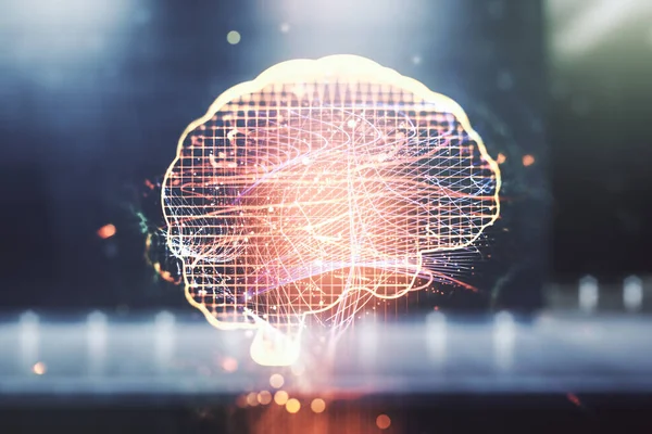 Двойное воздействие творческой голограммы человеческого мозга на внешний фон современного бизнес-центра. Технологии будущего и концепция ИИ — стоковое фото