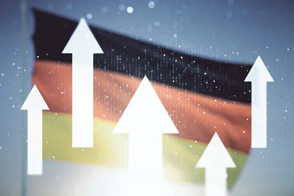 Virtueel opwaartse pijlen hologram op Duitse vlag en zonsondergang hemel achtergrond, leiderschap en motivatie concept. Meervoudige blootstelling — Stockfoto