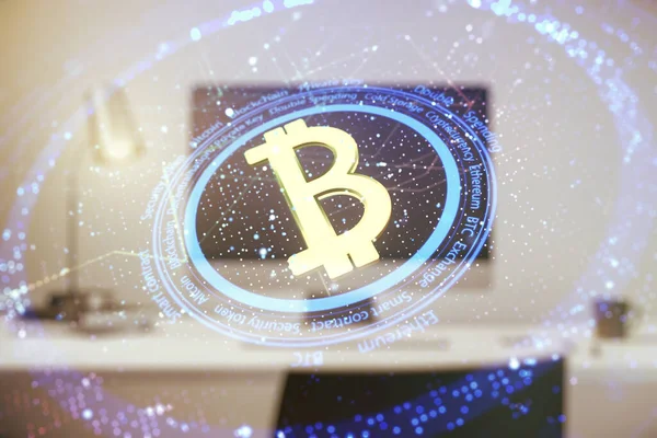 Creative Bitcoin koncept s moderním počítačovým zázemím. Dvojitá expozice — Stock fotografie